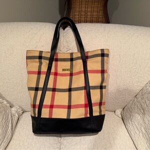 Joy & Iman Beige Red  and Black Plaid Large Unisex Tote Bag with dual handles.